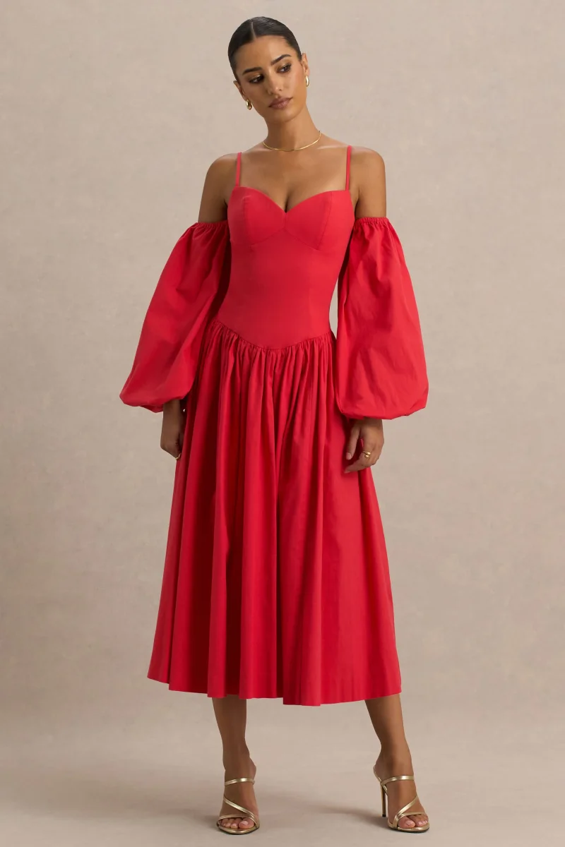 Macie | Vestido Midi Rojo con Escote en Corazón y Mangas Abullonadas - Imagen 2