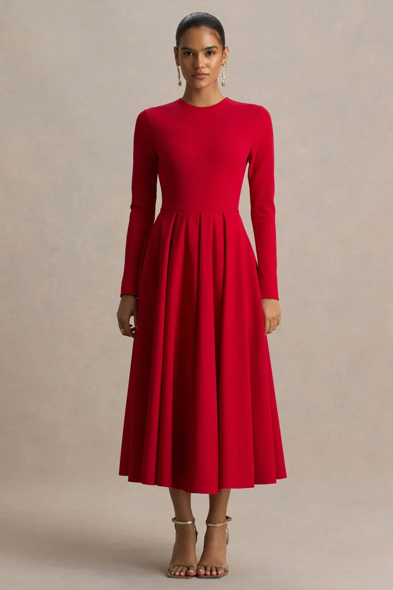 Bellamy | Vestido Midi Rojo con Escote Redondo y Mangas Largas - Imagen 6