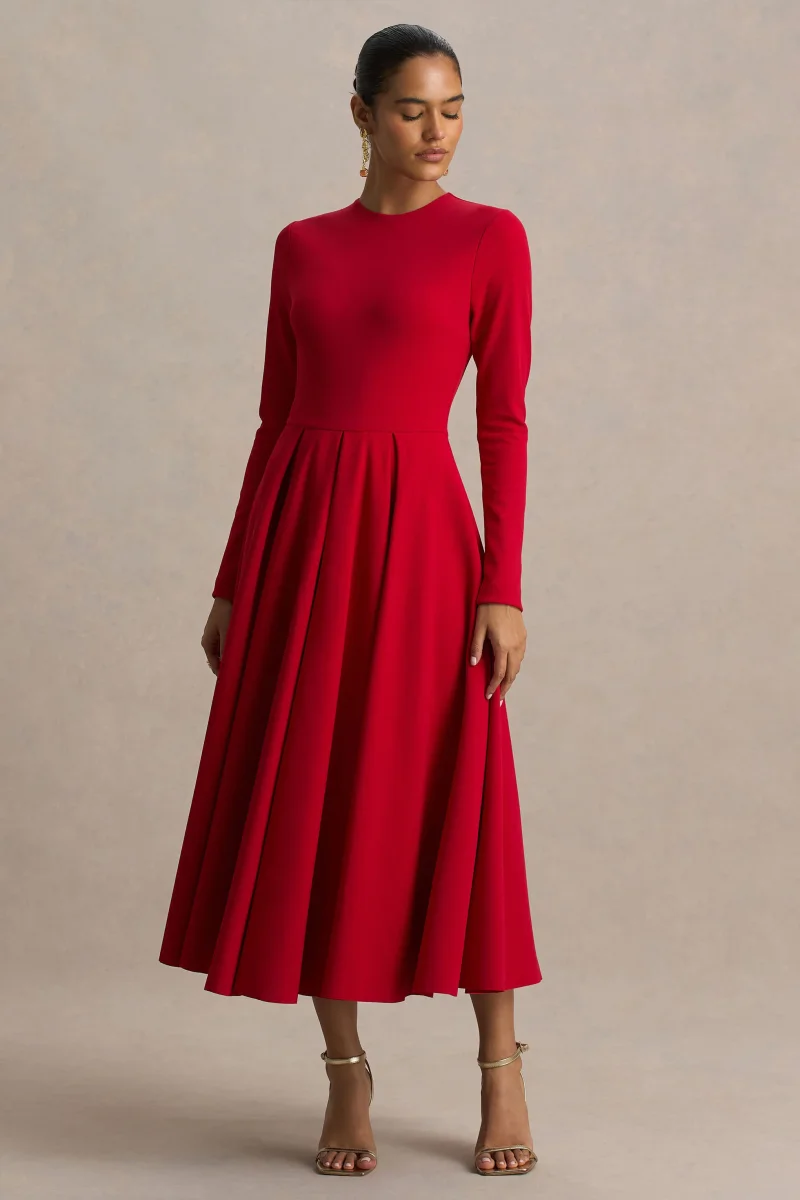 Bellamy | Vestido Midi Rojo con Escote Redondo y Mangas Largas - Imagen 2
